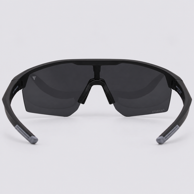 Trailvision Velocity sunglasses, Matte Black frame with grey temple tips and a polarized Smoke shield lens, back view