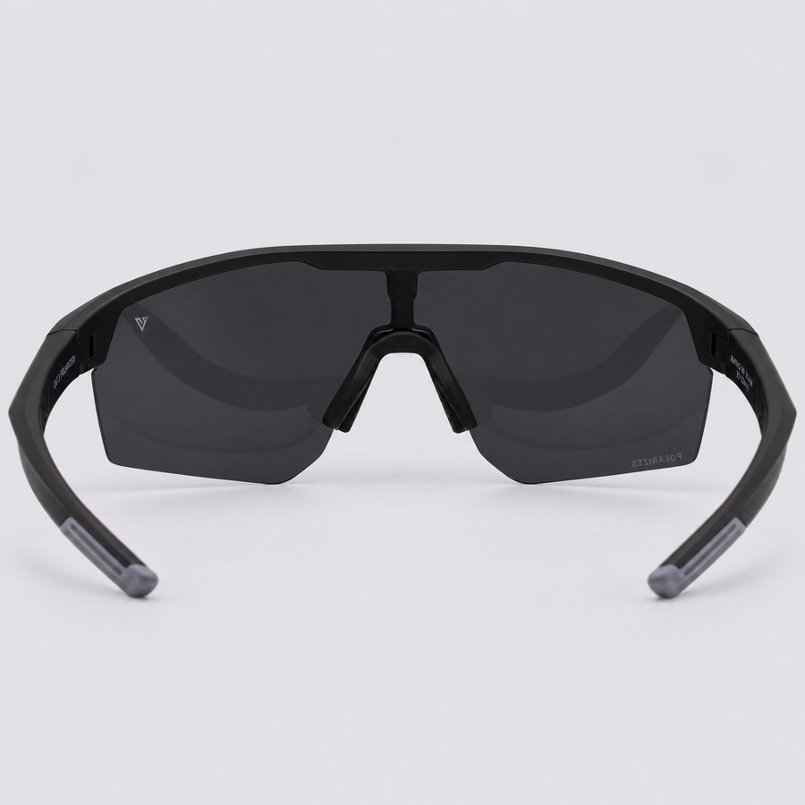 Trailvision Velocity sunglasses, Matte Black frame with grey temple tips and a polarized Smoke shield lens, back view