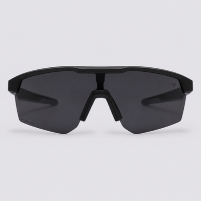 Trailvision Velocity sunglasses, Matte Black frame with grey temple tips and a polarized Smoke shield lens, front view