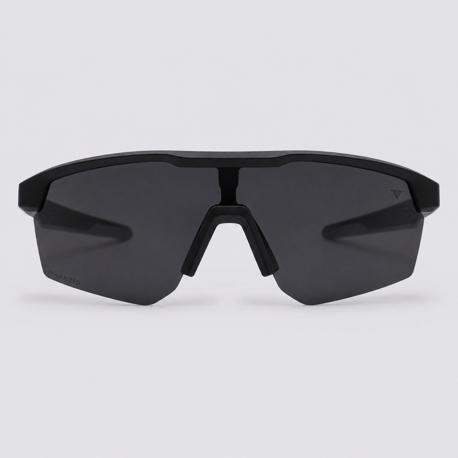Trailvision Velocity sunglasses, Matte Black frame with grey temple tips and a polarized Smoke shield lens, front view