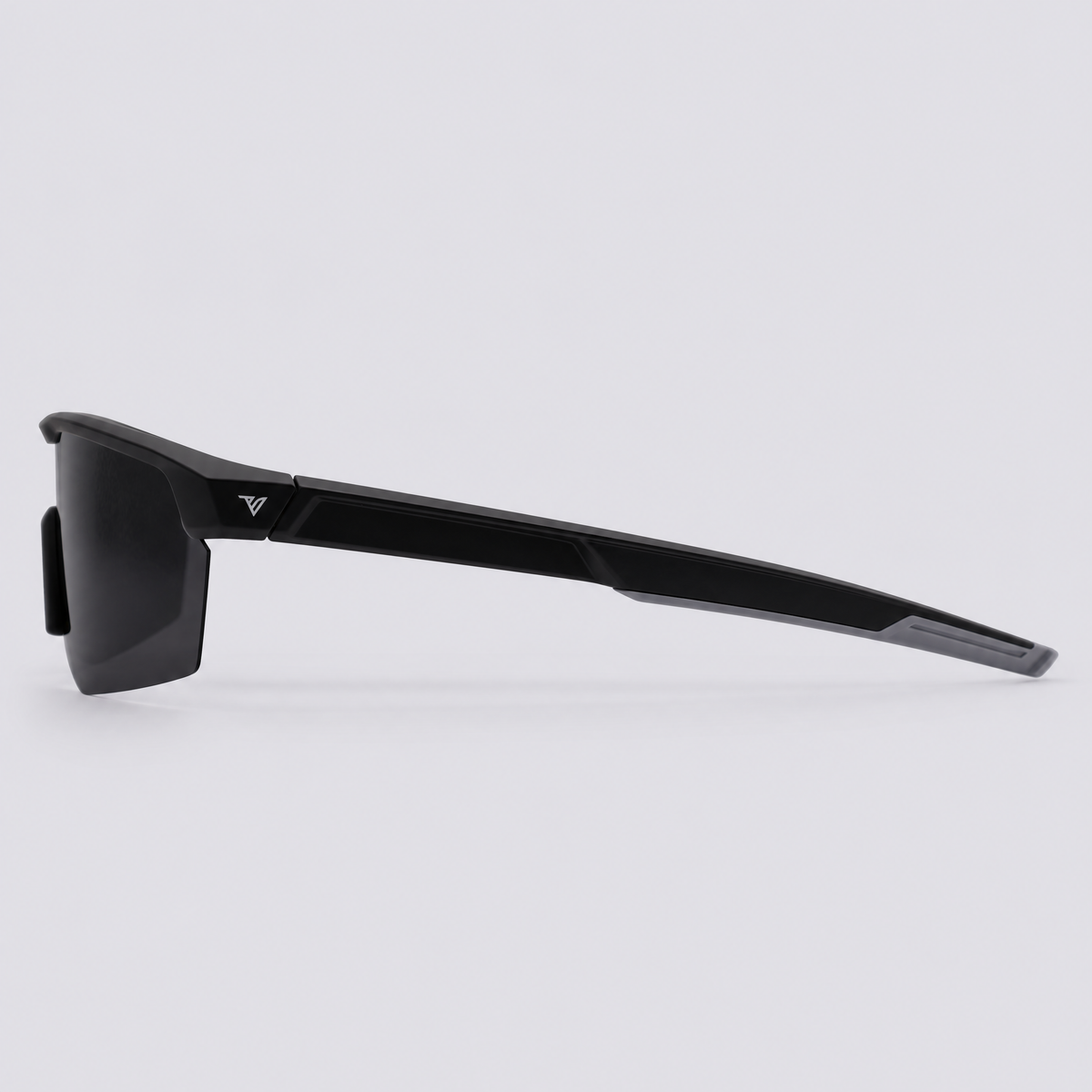 Trailvision Velocity sunglasses, Matte Black frame with grey temple tips and a polarized Smoke shield lens, side view