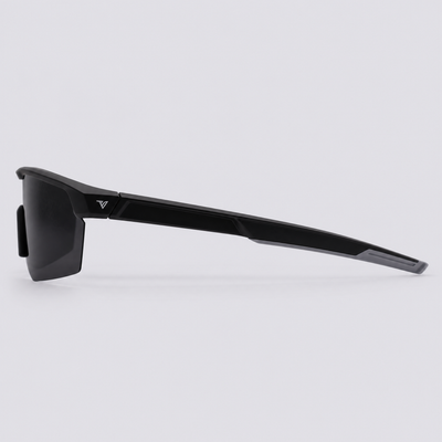 Trailvision Velocity sunglasses, Matte Black frame with grey temple tips and a polarized Smoke shield lens, side view