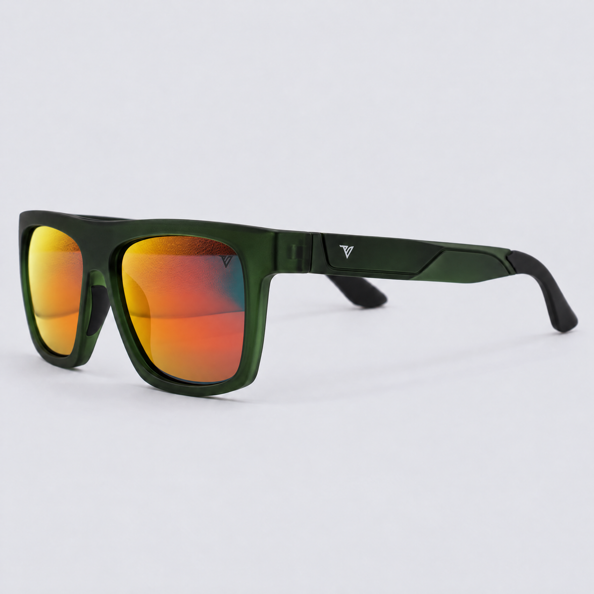 Trailvision Wayfinder sunglasses, Crystal Green frame with black temple tips and polarized Red Mirror lenses, angle view