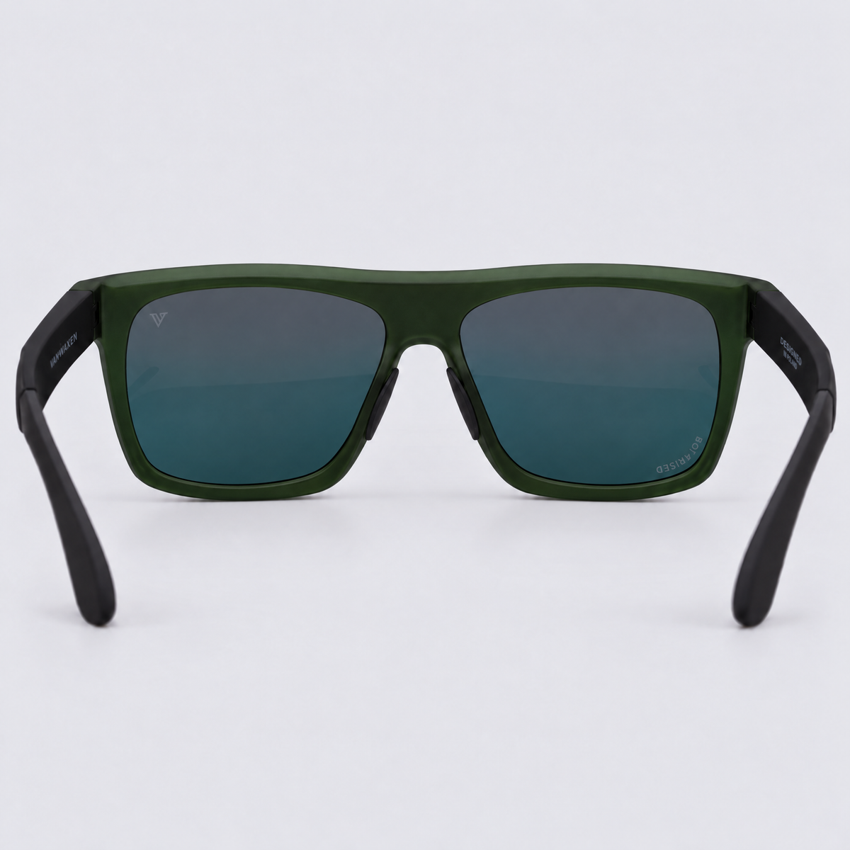 Trailvision Wayfinder sunglasses, Crystal Green frame with black temple tips and polarized Red Mirror lenses, back view