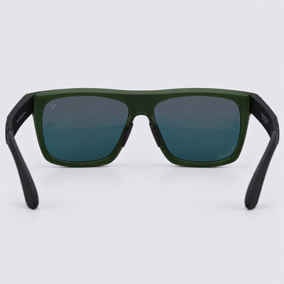 Trailvision Wayfinder sunglasses, Crystal Green frame with black temple tips and polarized Red Mirror lenses, back view