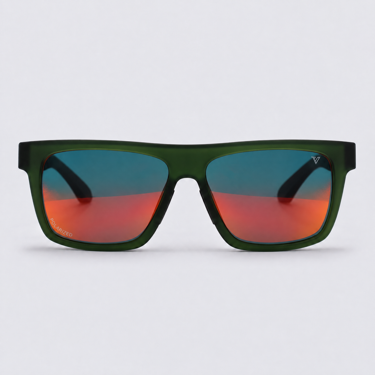 Trailvision Wayfinder sunglasses, Crystal Green frame with black temple tips and polarized Red Mirror lenses, front view