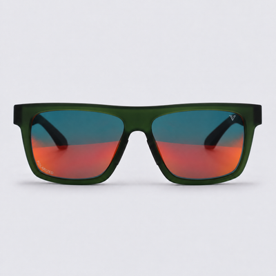 Trailvision Wayfinder sunglasses, Crystal Green frame with black temple tips and polarized Red Mirror lenses, front view