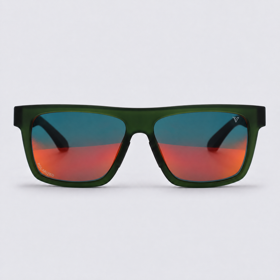 Trailvision Wayfinder sunglasses, Crystal Green frame with black temple tips and polarized Red Mirror lenses, front view