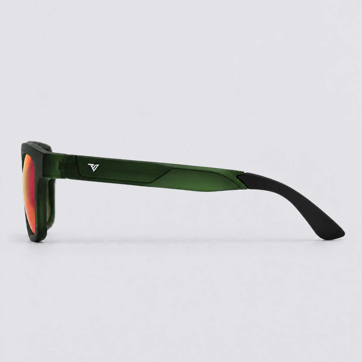 Trailvision Wayfinder sunglasses, Crystal Green frame with black temple tips and polarized Red Mirror lenses, side view