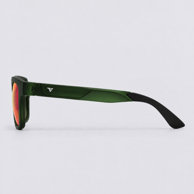 Trailvision Wayfinder sunglasses, Crystal Green frame with black temple tips and polarized Red Mirror lenses, side view