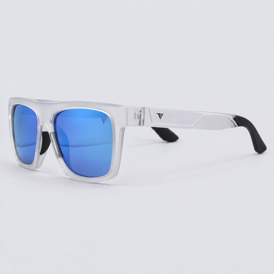 Trailvision Wayfinder sunglasses, Frosted Clear frame with black temple tips and polarized Ice Blue Mirror lenses, angle view