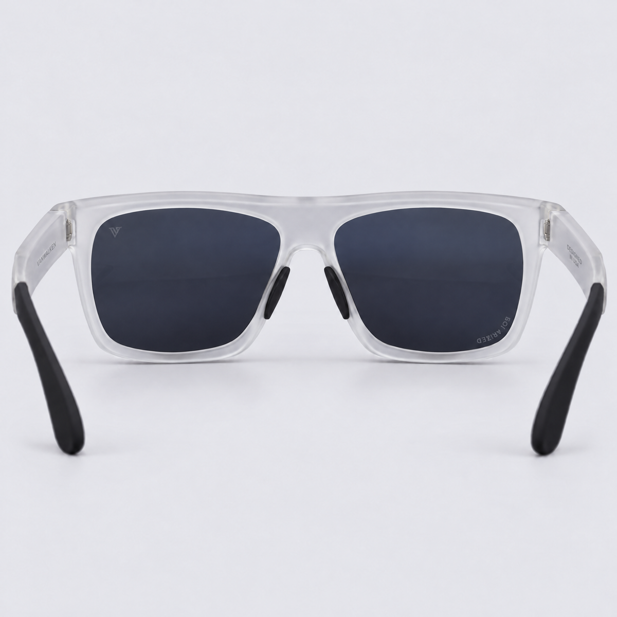 Trailvision Wayfinder sunglasses, Frosted Clear frame with black temple tips and polarized Ice Blue Mirror lenses, back view