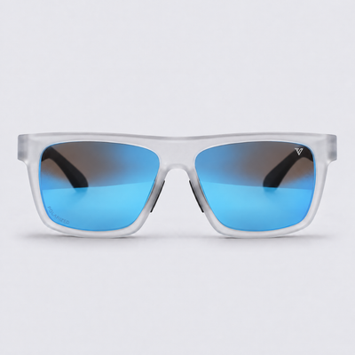 Trailvision Wayfinder sunglasses, Frosted Clear frame with black temple tips and polarized Ice Blue Mirror lenses, front view