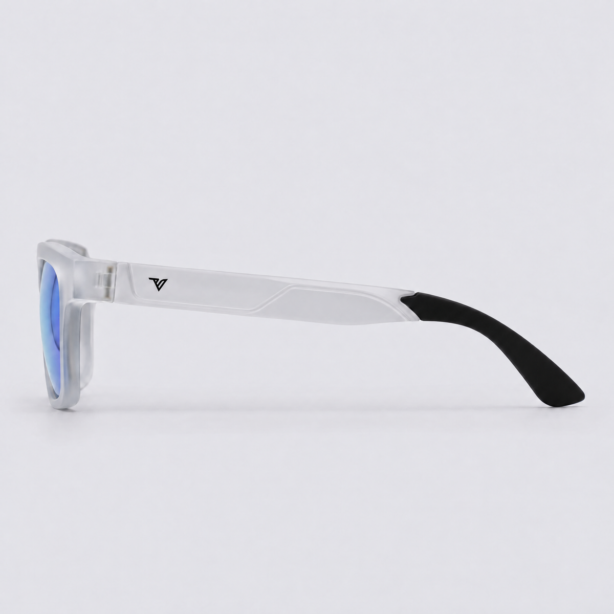 Trailvision Wayfinder sunglasses, Frosted Clear frame with black temple tips and polarized Ice Blue Mirror lenses, side view