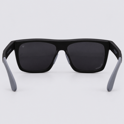 Trailvision Wayfinder sunglasses, Matte Black frame with grey temple tips and polarized Smoke lenses, back view