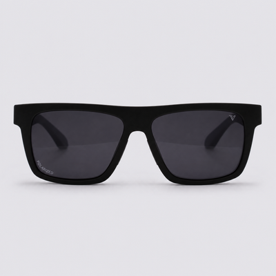 Trailvision Wayfinder sunglasses, Matte Black frame with grey temple tips and polarized Smoke lenses, front view