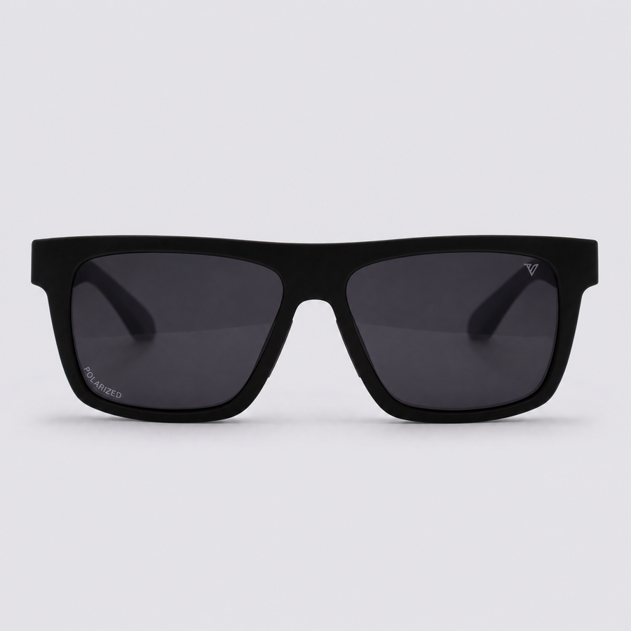 Trailvision Wayfinder sunglasses, Matte Black frame with grey temple tips and polarized Smoke lenses, front view
