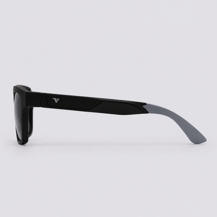 Trailvision Wayfinder sunglasses, Matte Black frame with grey temple tips and polarized Smoke lenses, side view
