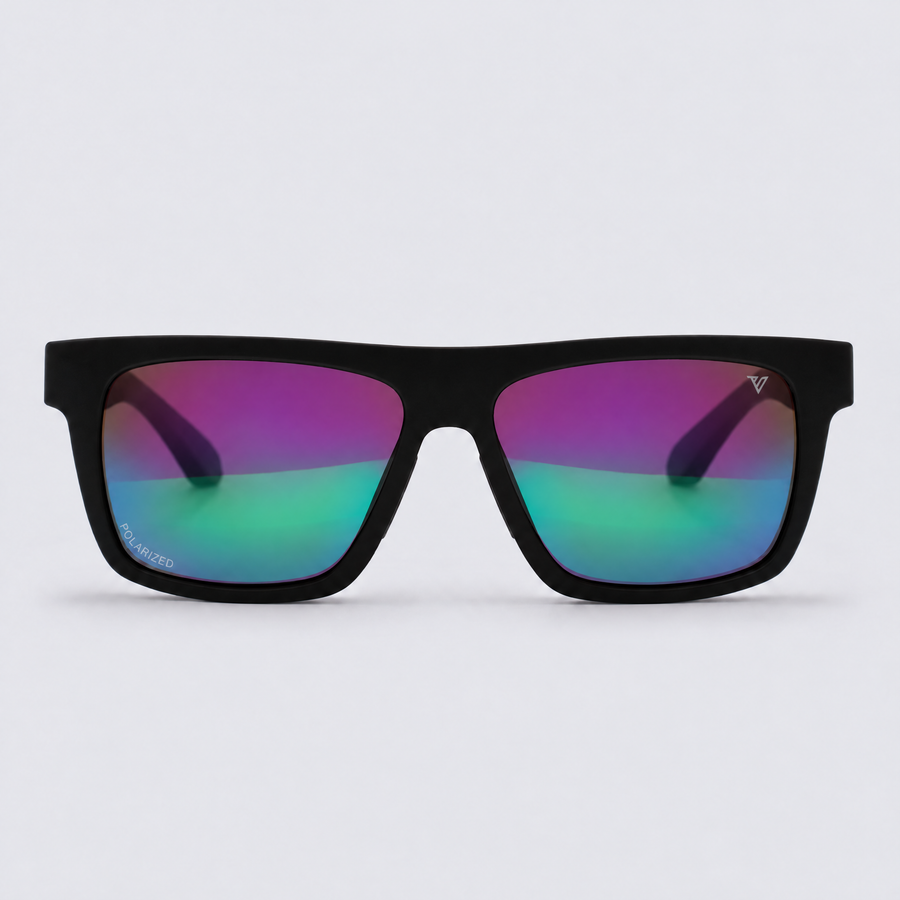 Trailvision Wayfinder sunglasses, Matte Black frame with grey temple tips and polarized Purple-Green Mirror lenses, front view